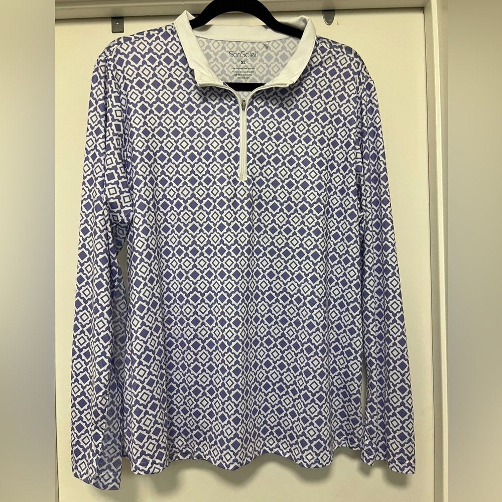 SanSoleil SOLCOOL MOCK SHELLTEE, purple print, long sleeve, Swarovski size XL